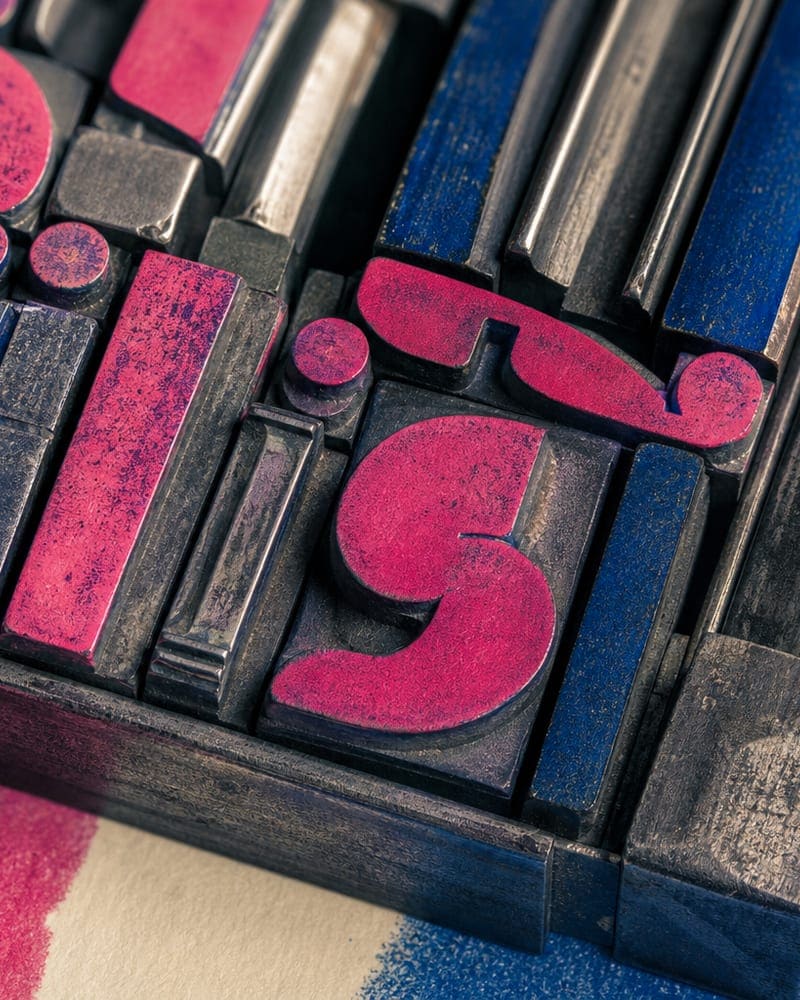 Macro photograph of metal letterpress type locked in a chase, inked in federal blue.