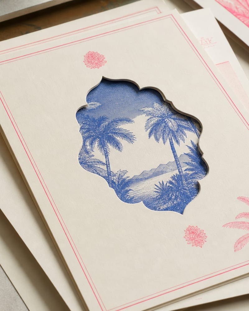 Die-cut invitation with rounded window revealing a second layer printed in riso blue beneath.