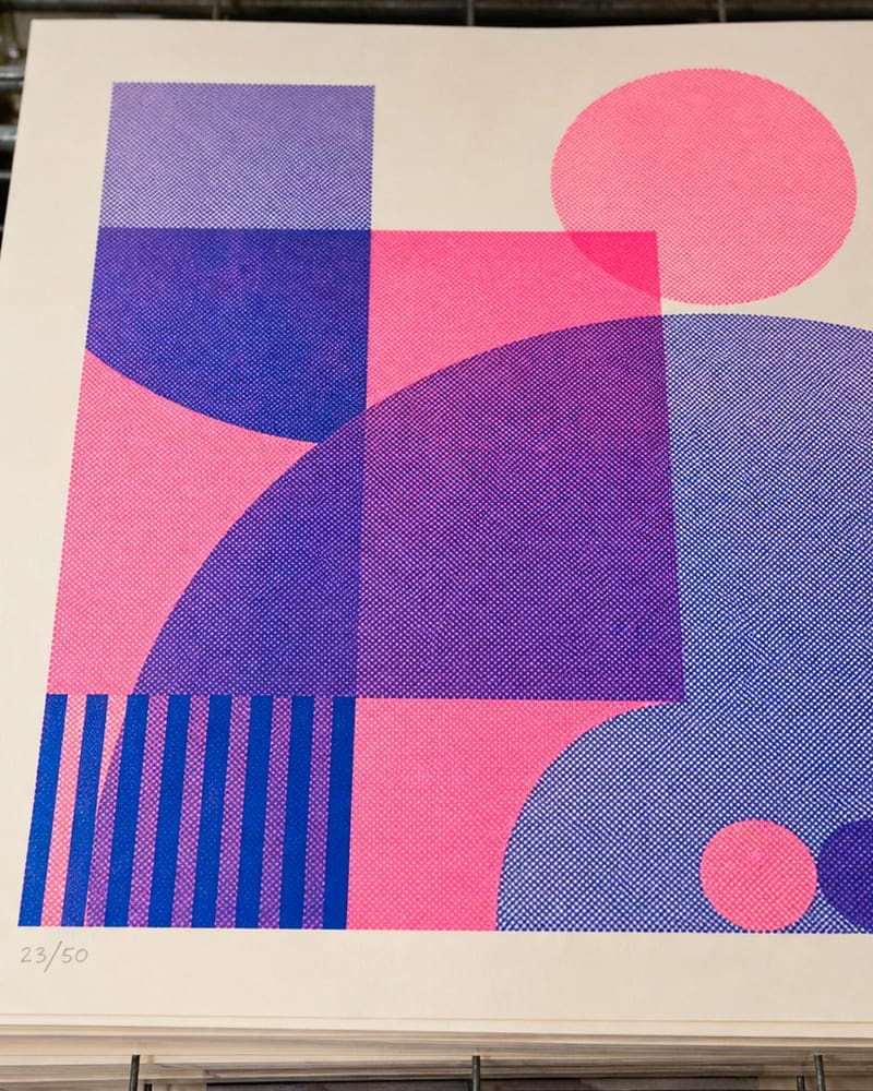 Cover of a numbered art edition with halftone pink screening and overprinted title in violet where inks cross.